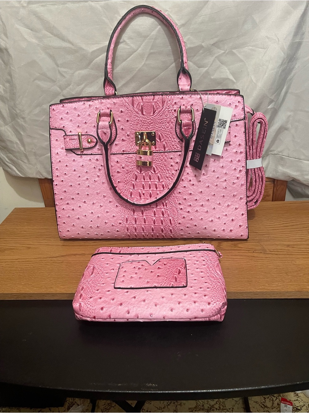 Pink Faux-Ostrich Tote with Matching Pouch